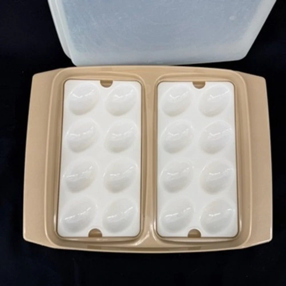 Vintage Tupperware Deviled Egg Keeper 723 Almond Beige 16 Slot Carrier with Lid